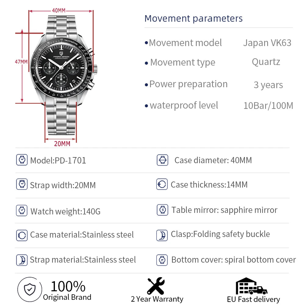 PAGANI Men's Luxury Quartz Chronograph Watch - Auto Date, AR Sapphire Mirror, Speed Timer