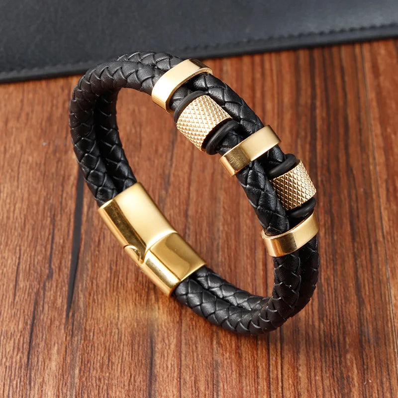 Marbella Leather Braid Bracelet - Men's Stainless Steel Magnetic Buckle