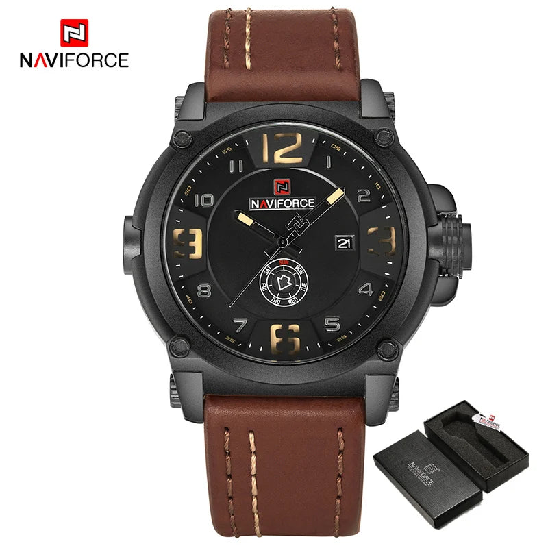 NAVIFORCE Men's Luxury Military Quartz Watch - Analog Date, Leather Strap Wristwatch