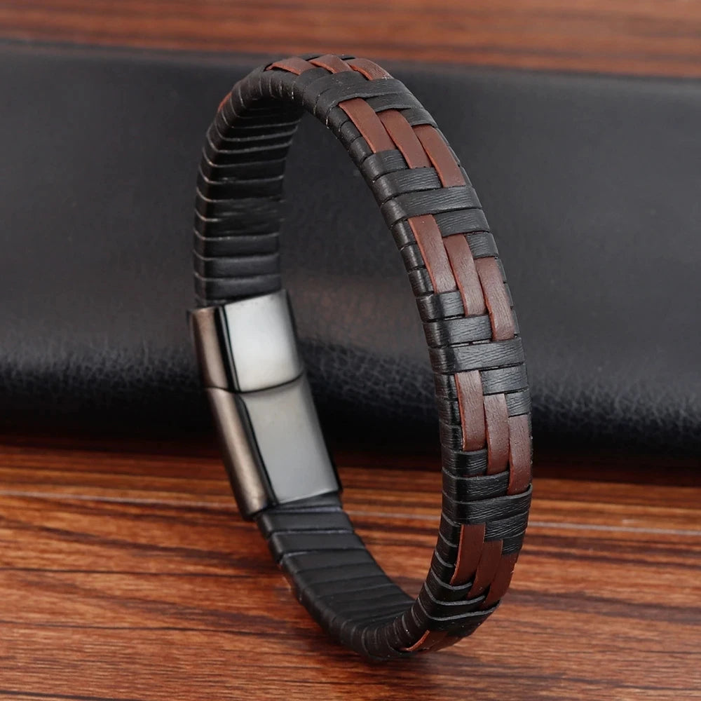 Catania Classic Leather Bracelet - Hand-Knitted Multi-Color with Stainless Steel Magnetic Clasp