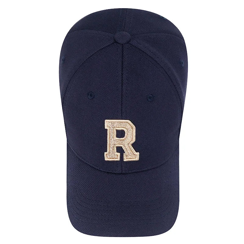 R Letter Pineapple Cotton Baseball Cap - Gold Thread Embroidery & Elastic Fit