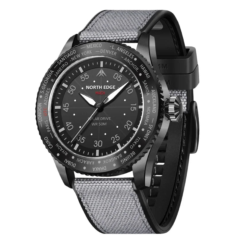 NORTH EDGE MACH Men's Solar Powered Watch - Dual Time Zone, Waterproof, TPR Nylon Strap Pilot Watch