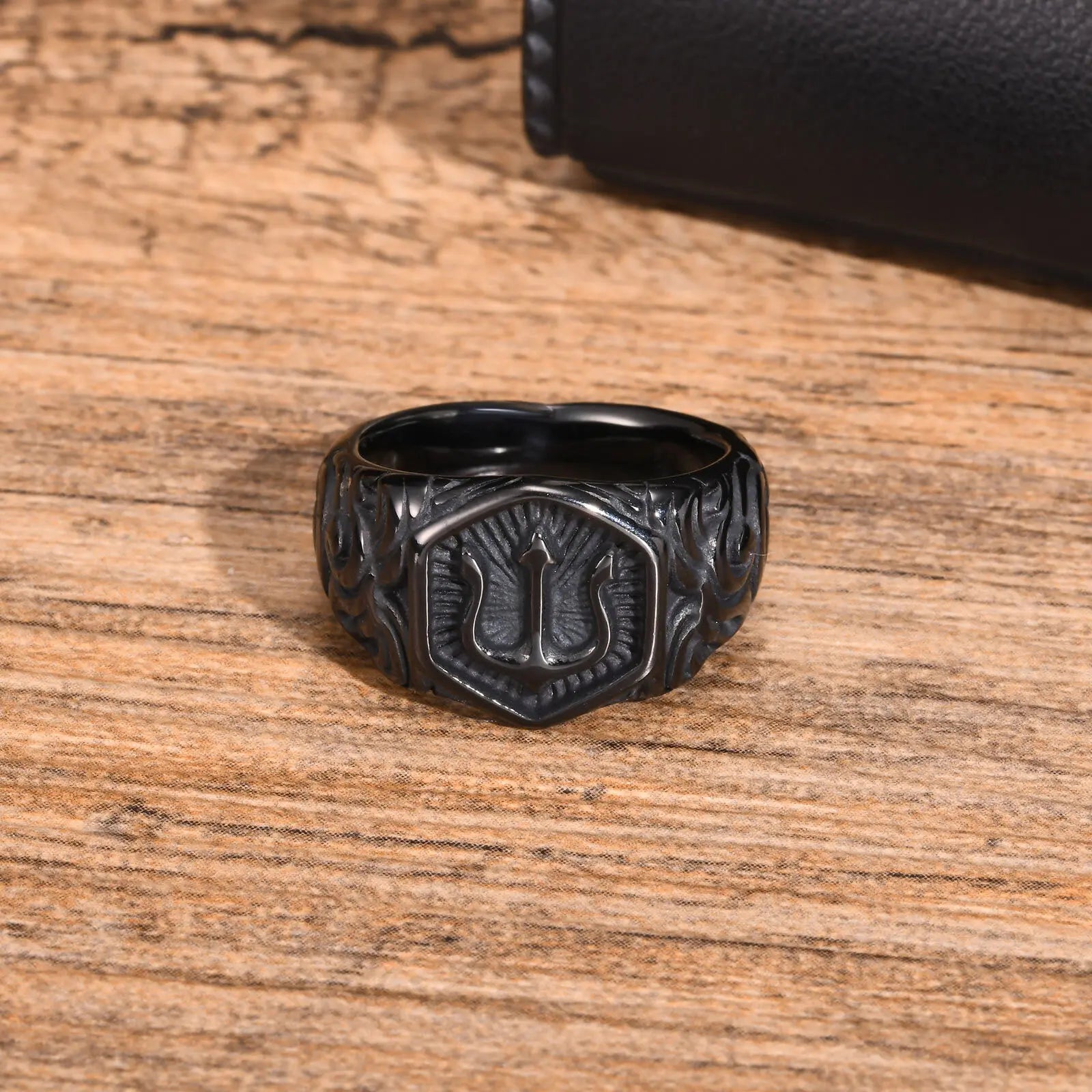 Black Tridant Signet Ring for Men, 13.3mm Chunky Wide Hexagon Geometric Top Finger Band, Strength Power Symbol Jewelry