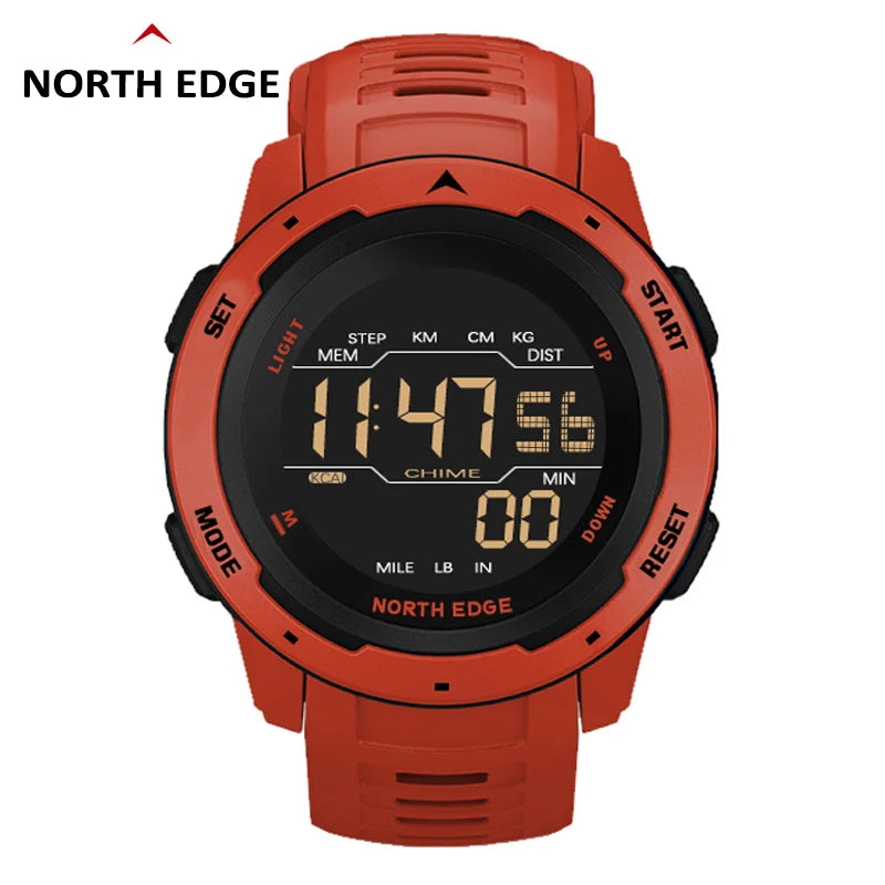 NORTH EDGE Men's Digital Sports Watch - Dual Time, Pedometer, Alarm, 50M Waterproof Military Clock