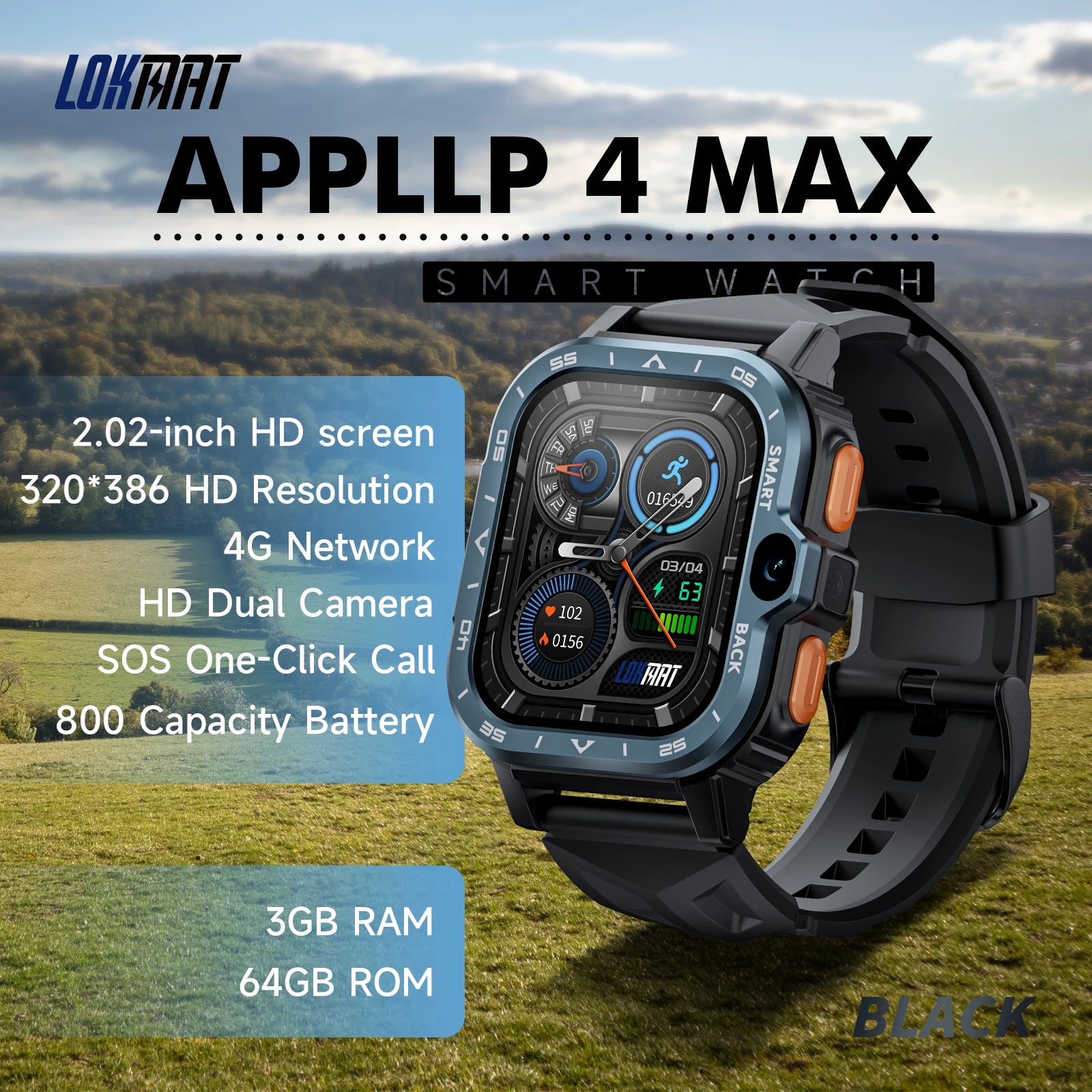 LOKMAT APPLLP 4 MAX Android Smart Watch Phone Fitness Tracker Touch Screen Dual Camera GPS Wifi Call Wacth Heart Rate Monitor