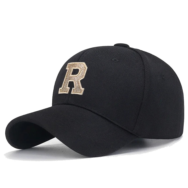 R Letter Pineapple Cotton Baseball Cap - Gold Thread Embroidery & Elastic Fit