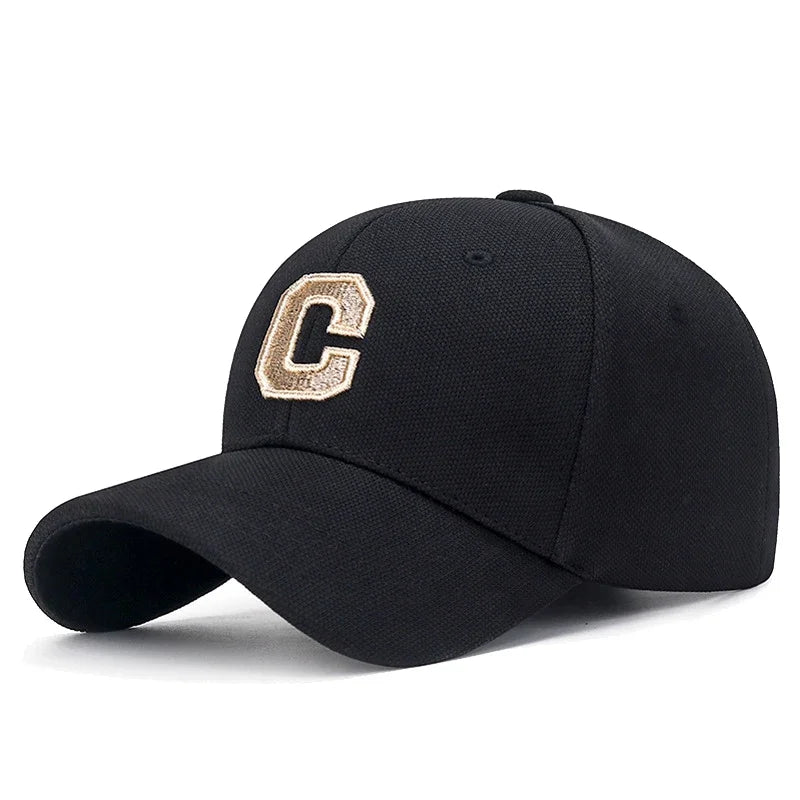 C Letter Pineapple Cotton Baseball Cap - Gold Thread Embroidery & Elastic Fit