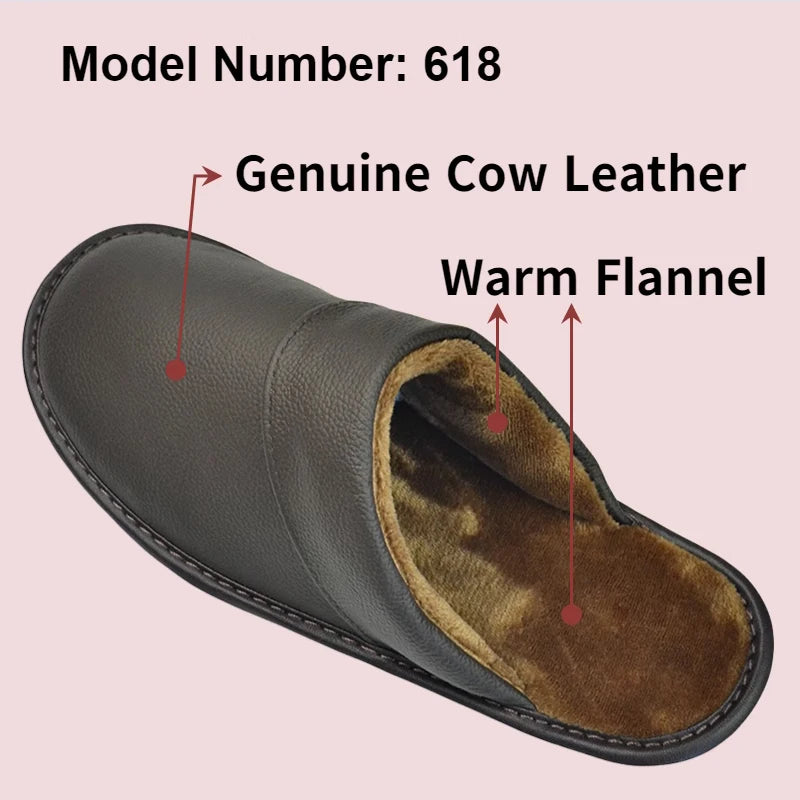 Florence Genuine Leather Slippers – Winter Plush Indoor Shoes for Men and Women