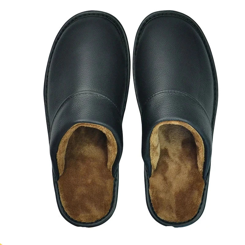 Florence Genuine Leather Slippers – Winter Plush Indoor Shoes for Men and Women