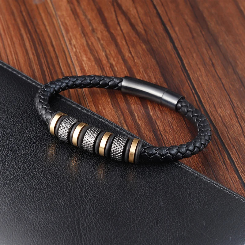 Ravenna Punk Leather Bracelet - Stainless Steel Beads & Braided Design for Men