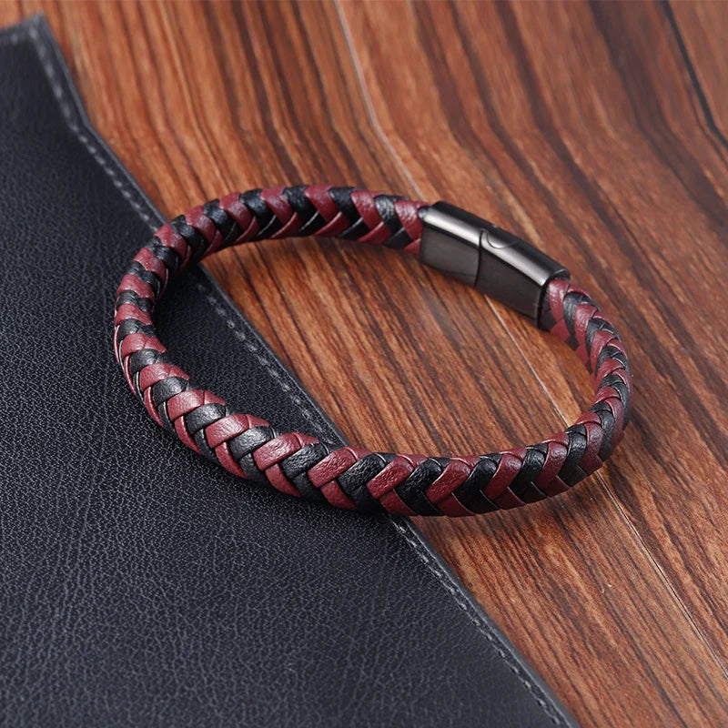 Catania Classic Leather Bracelet - Hand-Knitted Multi-Color with Stainless Steel Magnetic Clasp