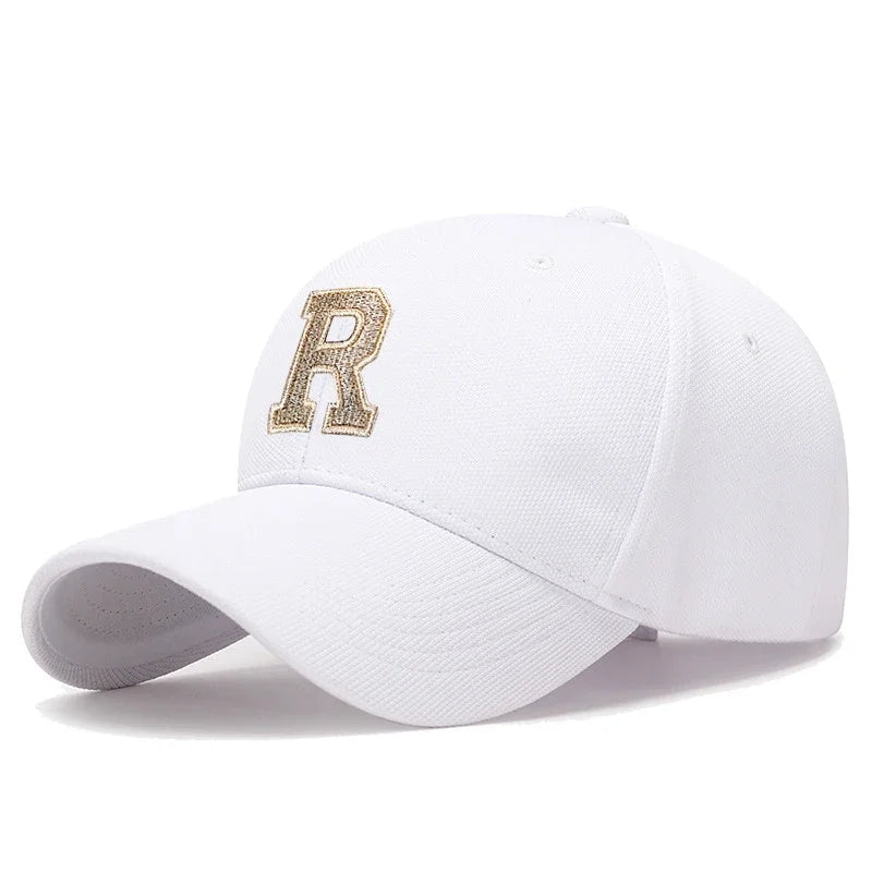 R Letter Pineapple Cotton Baseball Cap - Gold Thread Embroidery & Elastic Fit