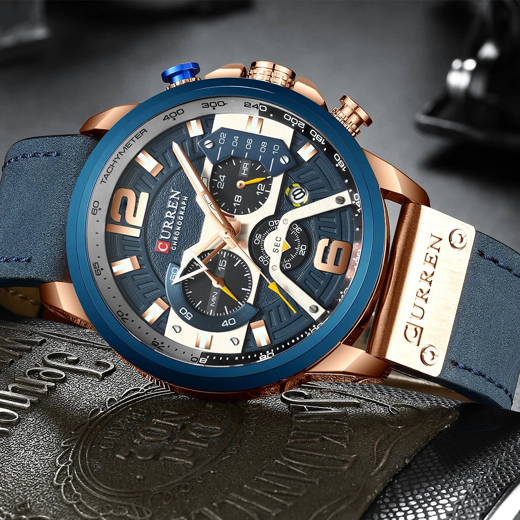 CURREN Men's Casual Sport Watch - Luxury Military Leather Chronograph Wristwatch