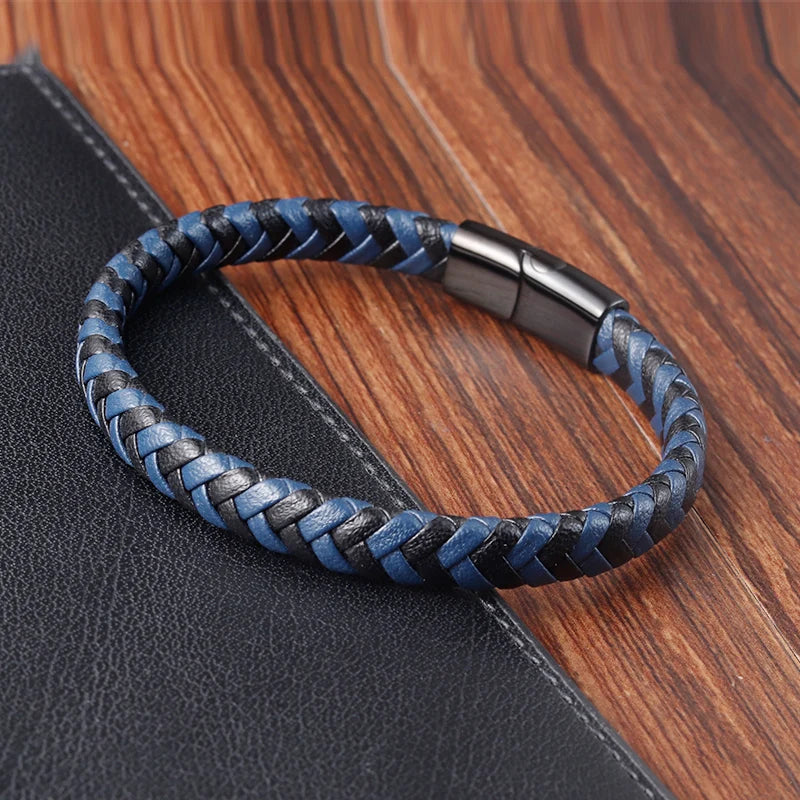 Catania Classic Leather Bracelet - Hand-Knitted Multi-Color with Stainless Steel Magnetic Clasp