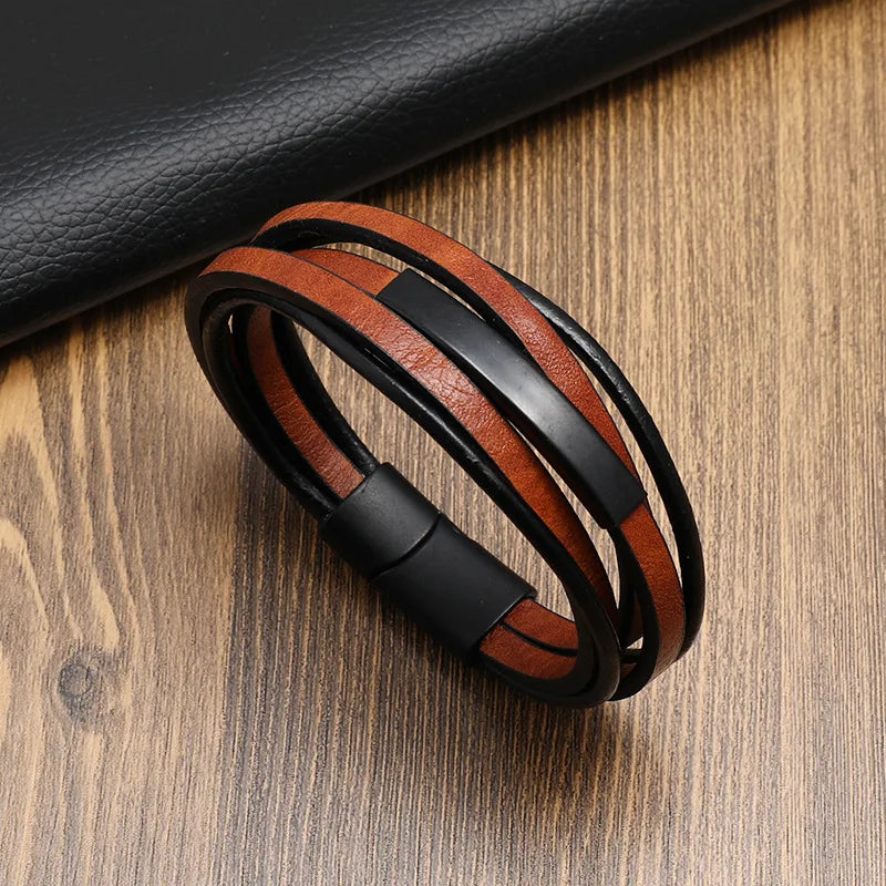 Titan Braided Leather Bracelet - Alloy Magnet Buckle & Multilayer Design for Men