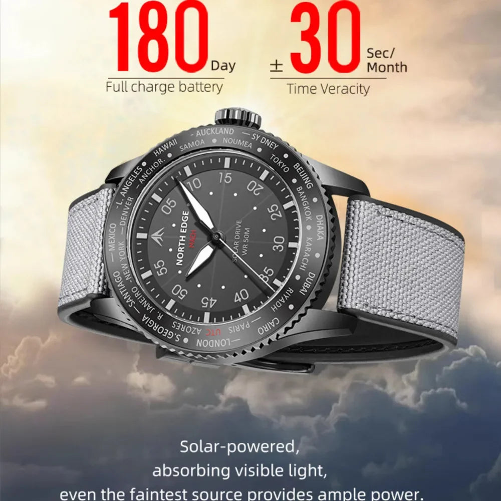 NORTH EDGE MACH Men's Solar Powered Watch - Dual Time Zone, Waterproof, TPR Nylon Strap Pilot Watch