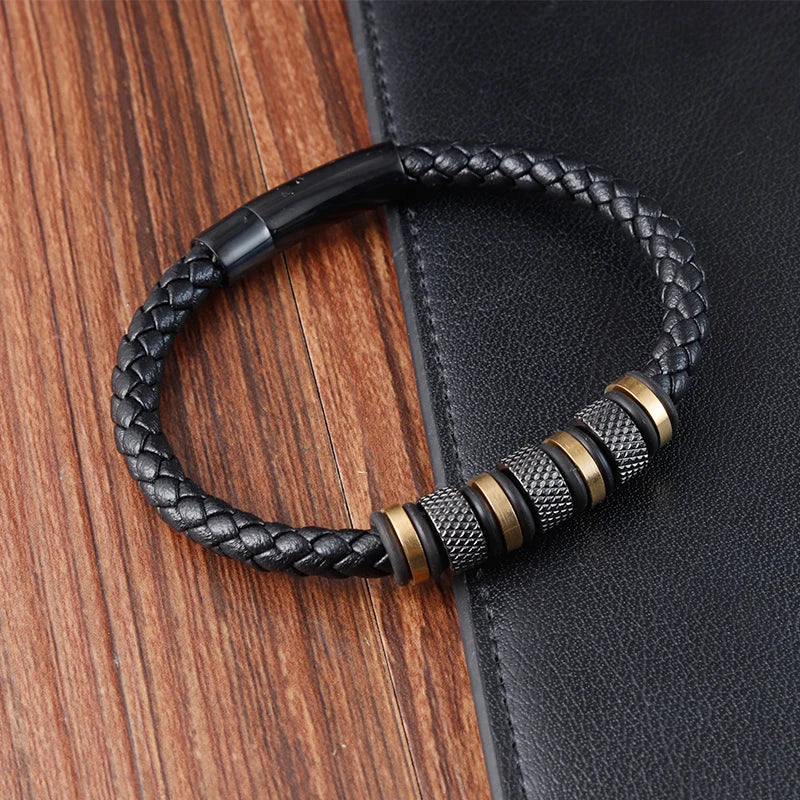 Ravenna Punk Leather Bracelet - Stainless Steel Beads & Braided Design for Men