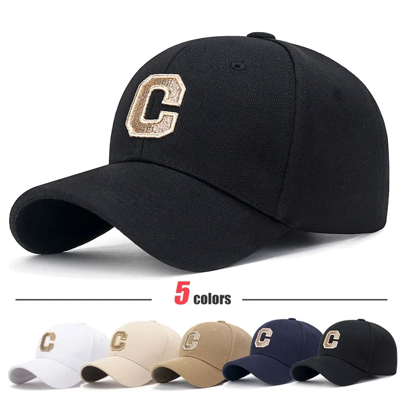 C Letter Pineapple Cotton Baseball Cap - Gold Thread Embroidery & Elastic Fit