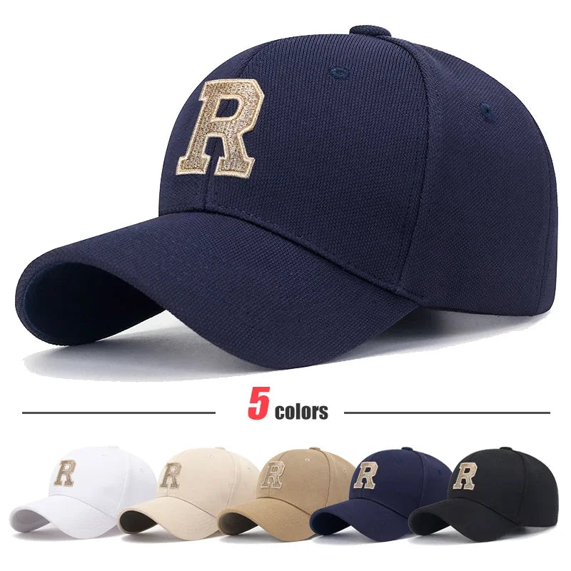 R Letter Pineapple Cotton Baseball Cap - Gold Thread Embroidery & Elastic Fit