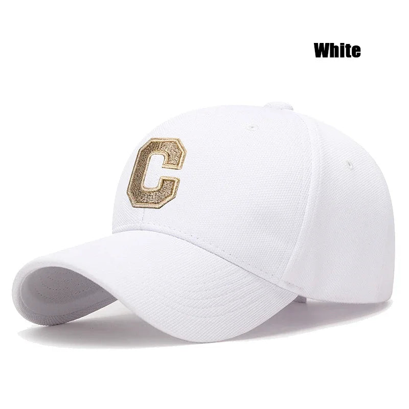 C Letter Pineapple Cotton Baseball Cap - Gold Thread Embroidery & Elastic Fit