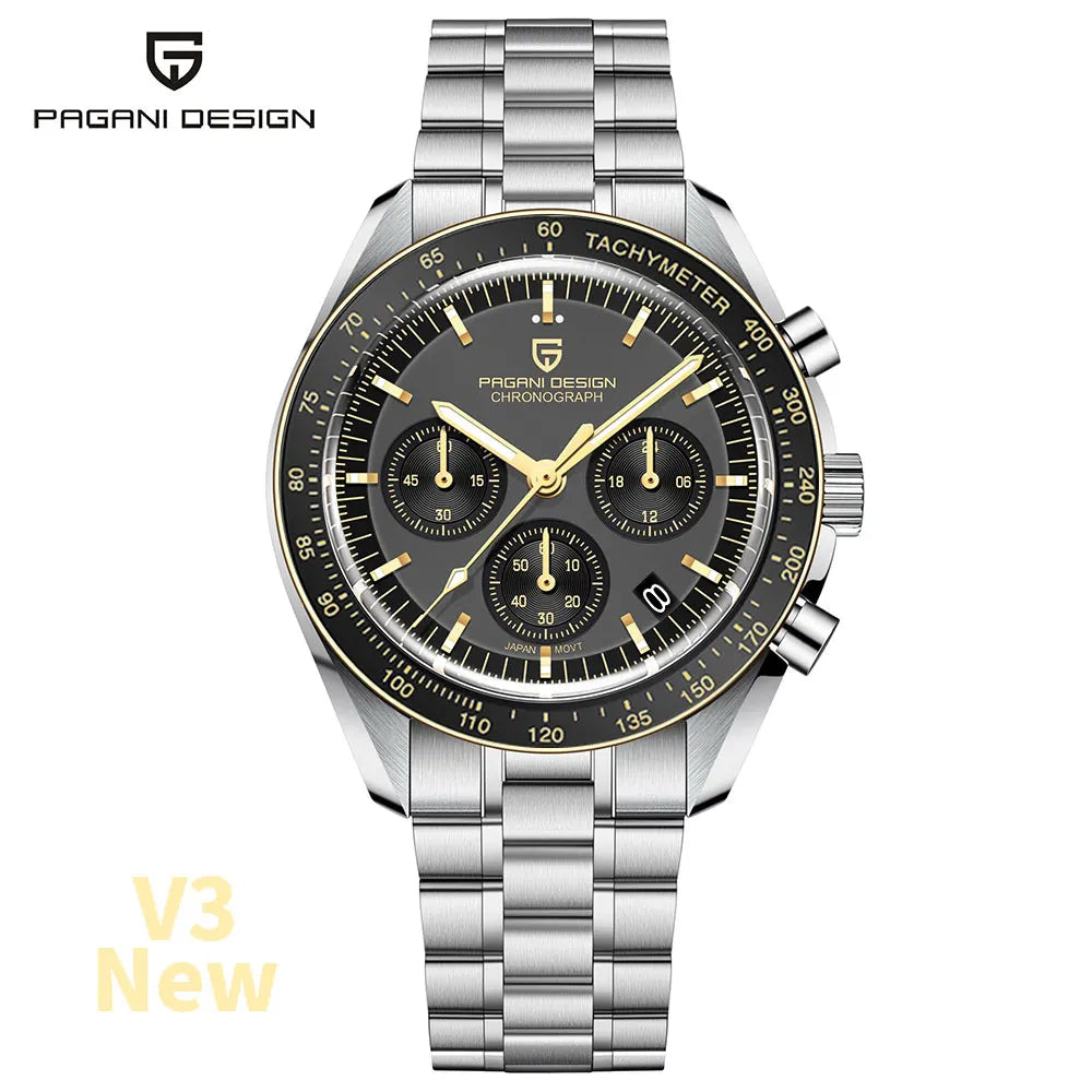 PAGANI Silver & Gold Moon Luxury Quartz Watch - Auto Date Chronograph with AR Sapphire Crystal