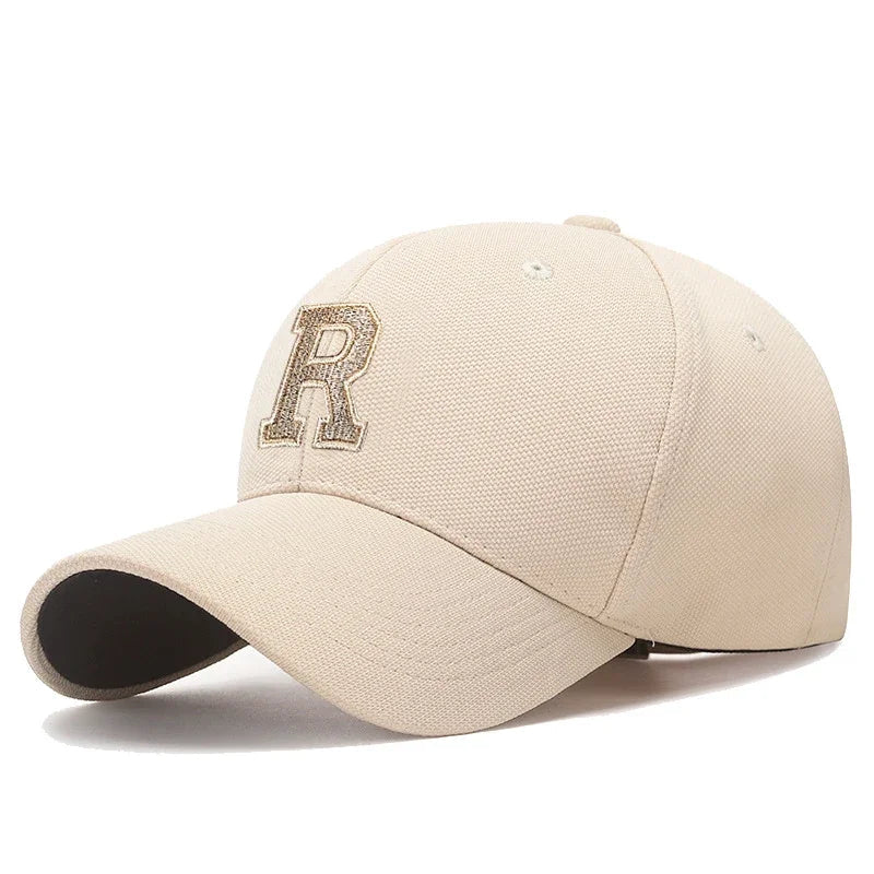 R Letter Pineapple Cotton Baseball Cap - Gold Thread Embroidery & Elastic Fit