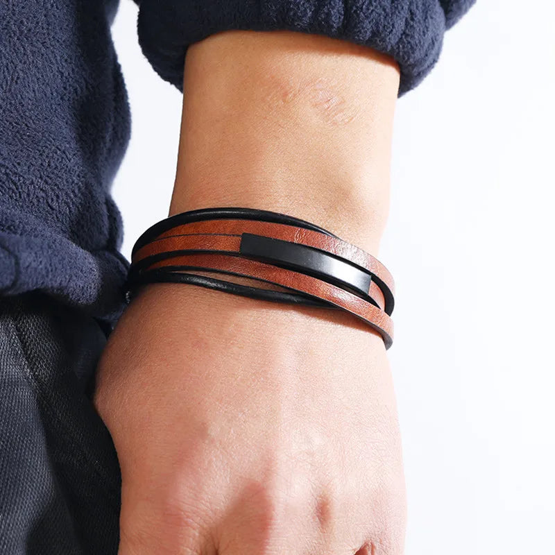 Titan Braided Leather Bracelet - Alloy Magnet Buckle & Multilayer Design for Men