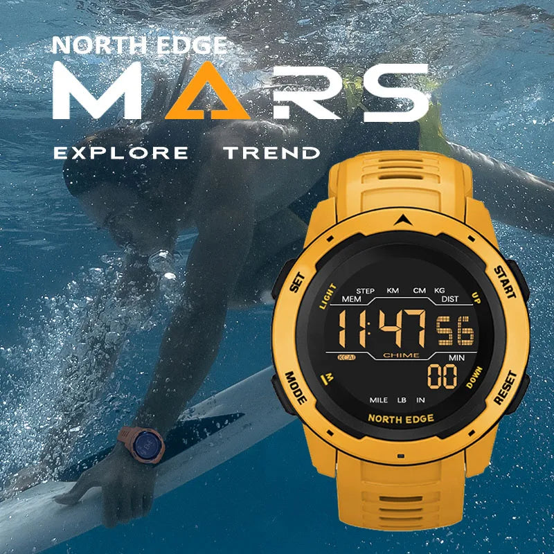 NORTH EDGE Men's Digital Sports Watch - Dual Time, Pedometer, Alarm, 50M Waterproof Military Clock