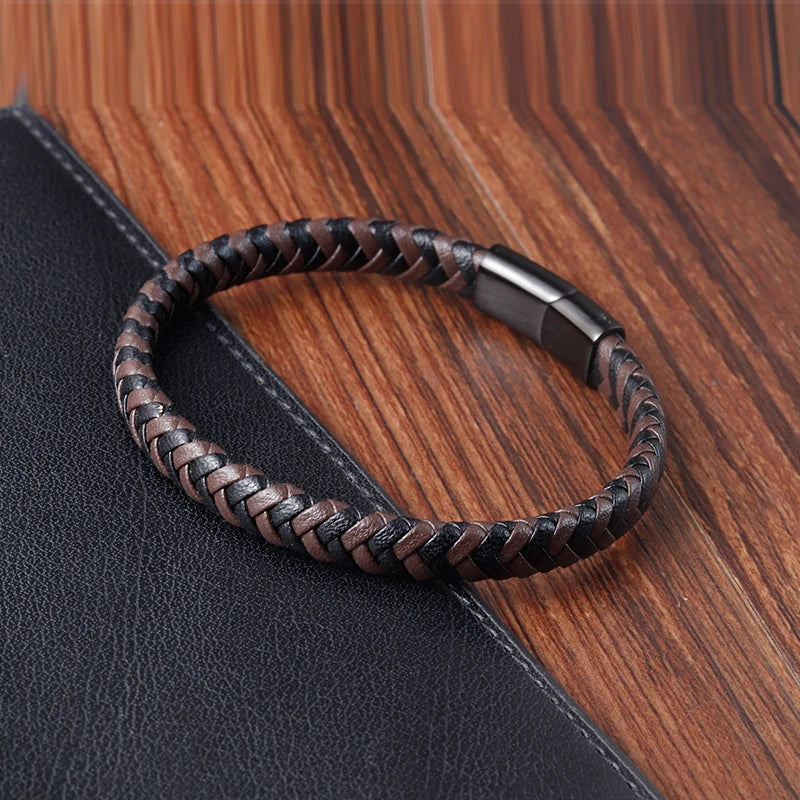 Catania Classic Leather Bracelet - Hand-Knitted Multi-Color with Stainless Steel Magnetic Clasp