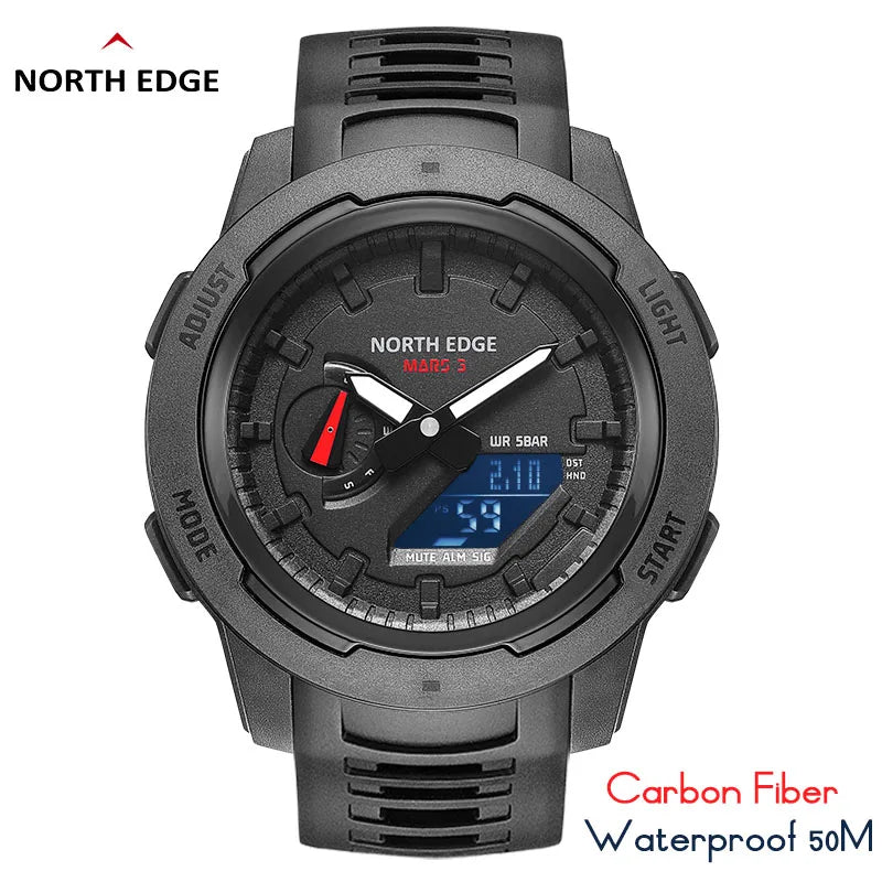 NORTH EDGE Mars 3 Military Digital Watch - Carbon Fiber Case, Waterproof 50M, World Time Smart Sports Watch