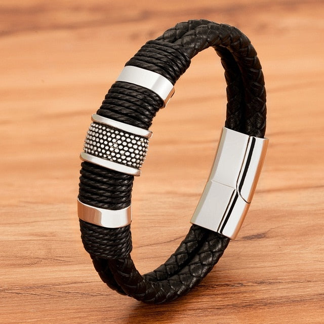 Omni Leather Rope Bracelet - Classic Stainless Steel Double-Layer Men's Bracelet with Special Design